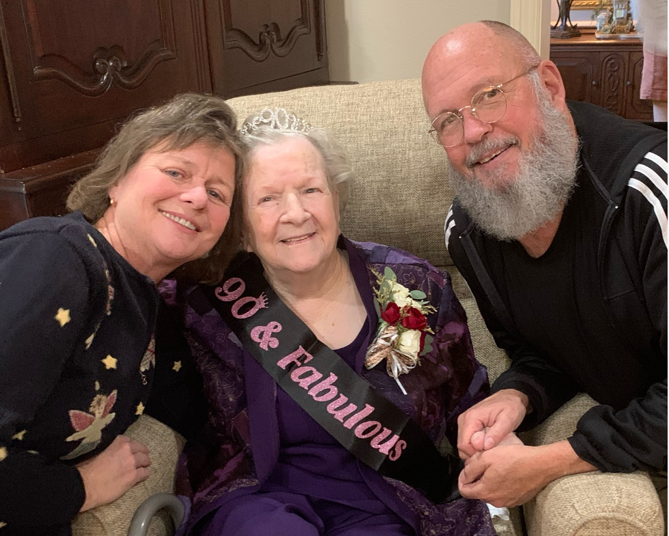 Miss Madge, with Amy and Don, at her 90th birthday party, during which she said, yet again, "Lord willing."