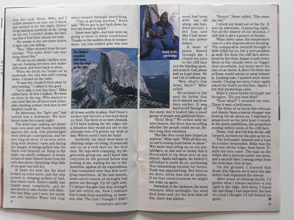 Stranded on Half Dome spread. May 2000 issue of Guideposts Magazine